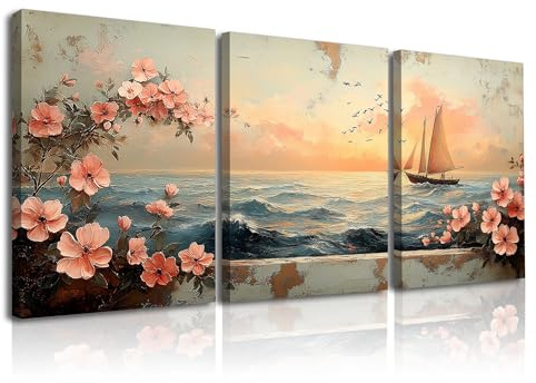 Piy Painting Sonnenuntergang Segeln Triptychon Wandbilder, Strand Landschaft Leinwand Gemälde, Bild auf Leinwand Für Wohnzimmer Schlafzimmer und Büro, 3x30x40 cm/90x40 cm Eingebautem Holzrahmen