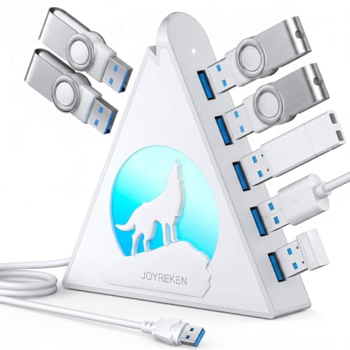 JoyReken Hub USB 3.0 à 7 ports avec câble de 60 cm de long pour ordinateur portable, MacBook, clé USB, XPS, PC, clé USB, console de jeu, imprimante, appareil photo, clavier, souris (blanc)