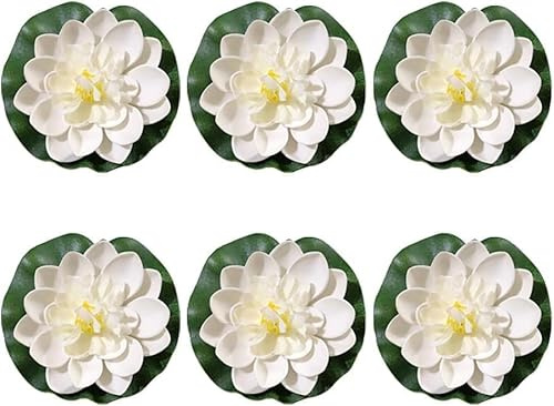 Hehglng 6 Pcs White Artificial Lotus Flowers Large Floating Lotus Flowers Faux Water Lily Fish Pond Artificial Plants Artificial Lily Pads Home Decor Accessories