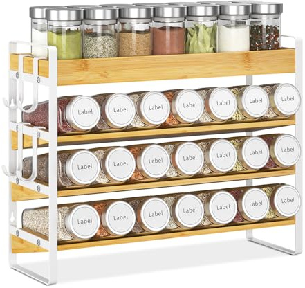 EsLuker.ly Gewürzregal Gewürz Holz Organizer Gewürzorganizer, 4-stufiges Bambus Spice Rack Organizer Gewürzregale Gewürzständer Gewürzhalter Gewurzregalsystem Stehend & Wand (Bambus-Weiß