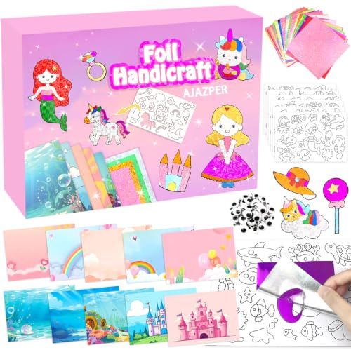 AJAZPER Kunst & Bastelaktivität, Folienspaß für Kinder, DIY Kreatives Aktivität Reisespielzeug, Bastelsets, Bastelkoffer Geschenk für Mädchen & Jungen ab 4 Jahren Geburtstag Weihnachten (Rosa)