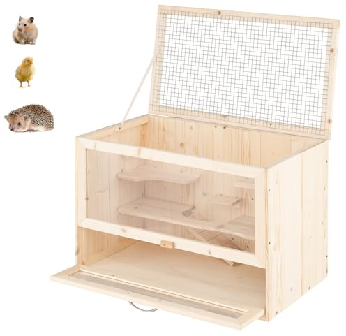 GYMAX Jaula de Madera para Hámster, Casa para Hámster con Techo Abatible de Malla, Paneles de Acrílico Transparente, Múltiples Niveles y Zonas de Juego, para Mascotas, 60 x 35,5 x 42 cm