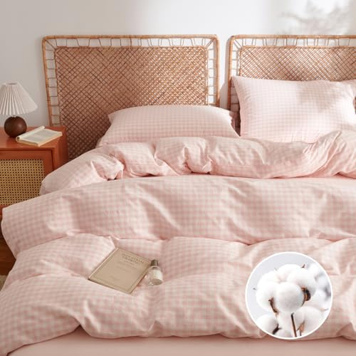 AShanlan Bettwäsche 220x240 Baumwolle Rosa Kariert Bettwäsche-Sets 3teilig | Bettbezug 220x240 mit 2 Kissenbezug 80x80 cm, ÖKO-TEX Leinenoptik Gewaschene Baumwolle Bettwäsche mit Reißverschluss