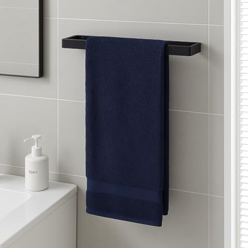 Wall Mounted Rectangle Towel Rail Black Stainless Steel Bathroom, Kitchen & Toilet Towel Holder, Horizontal or Vertical Fitting with Adhesive or Drill Mount (40CM)