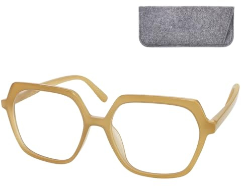 Stilfulla moderna läsglasögon dam sexkantig med stora reptåliga linser, fodral, lätt plastbåge (beige), modern läshjälp för dam +1.0 dioptrier