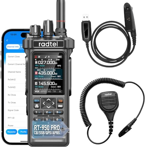 Radtel RT-950 PRO Amateurfunkgerät 27 MHz TX GPS/APRS, 10 W Walkie-Talkie mit großer Reichweite, Handfunkgerät, AM/FM/CB/SW/MW/LW RX, Bluetooth-App-Programmierung, NOAA (mit Programmierkabel, Mikrofon