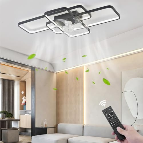 Moderno ventilador de techo negro con control remoto de luces, diseño de 3 luces, atenuación continua, 6 velocidades, funcionamiento silencioso, ideal para dormitorio, tamaño de 72 cm.