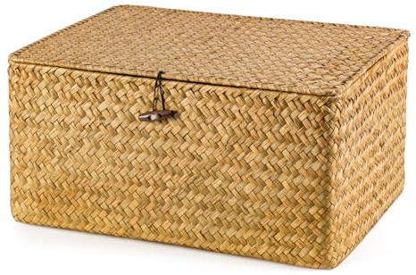 BLUE BAZAAR Wicker Storage Basket 40x28x19cm with Lids Seagrass Storage Box | Lid Woven Wicker Desktop Boxes Gift Hamper Basket for Living Room Decorative Bathroom