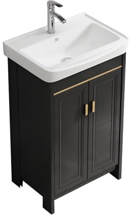 TYMYW Waschtisch Stehend mit Unterschrank und Füßen mit Puffer Scharnier Waschbeckenunterschrank mit Becken und Wasserhahn,Schwarz,50Cm