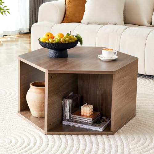 PUGSDRLY Table Basse hexagonale Finition Noyer 69.4x79x40cm, Pieds cylindriques, pour Salons, Chambres, Petit Espace
