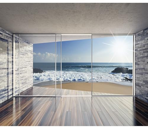 decomonkey Fototapete Fenster zum Meer Strand 350x256 cm XXL Design Tapete Fototapeten Vlies Tapeten Vliestapete Wandtapete moderne Wand Schlafzimmer Wohnzimmer Landschaft