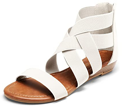 DREAM PAIRS Elastic Strappy Flats Sandals Womens Open Toe Summer Beach Low Wedges Shoes ELASTICA8,Size 8,White,ELASTICA8