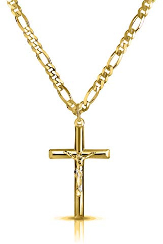 Verona Jewelers Men and Women 24 Stainless Steel 3.8MM Figaro Chain Necklace Crucifix Cross Pendant (Silver Color) (gold)