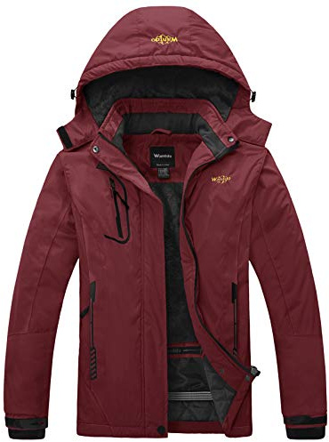 Wantdo Femme Manteau d'hiver Chaud Veste de Snowboard avec Doublure Veste Imperméable pour Voyage Travail Veste Isolée avec Capuche Amovible Rouge Vineux L