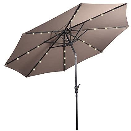 GOPLUS Sonnenschirm 270 cm mit Solar LED-Beleuchtung, Balkonschirm um 30° knickbar, Gartenschirm mit Kurbel, Marktschirm Terrassenschirm 6 Rippen, Tischschirm Balkon Garten Terrasse Strand (Braun)