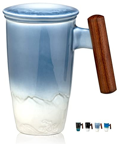 suyika Tomotime tekopp med infusionsenhet och lock 400 ml keramiska temuggar slät innervägg trähandtag 13 oz, blå
