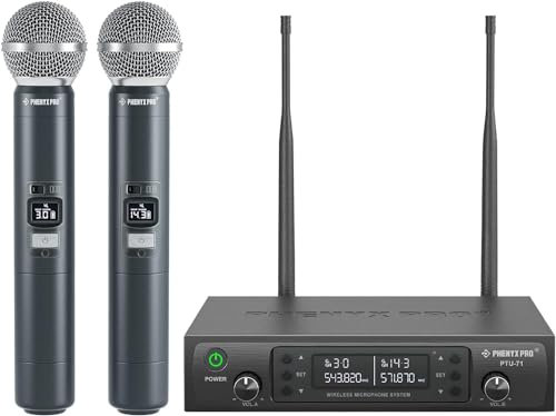Phenyx Pro Wireless Microphone System, Dual Wireless Mics w/ 2 Handhelds, Auto Scan, 2x100 UHF Frequencies, 328 ft Range, Dynamic Microphone for Singing, Karaoke, Church (PTU-71-2H)