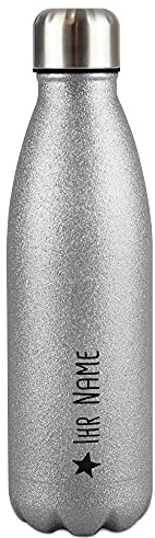 Glitzer-Trinkflasche aus Edelstahl selbst gestalten mit Name & Stern Symbol - Thermosflasche Glitzer, Wasserflasche BPA-frei für Reise, Schule und Sport I Personalisiertes Geschenk - Silber 500 ml