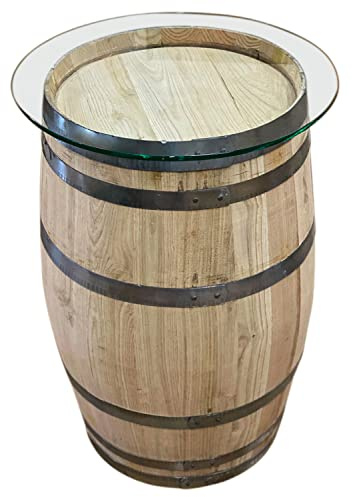 Temesso Holzfass, neues Fass aus Kastanienholz H 79cm als Bistrotisch - mit Glasplatte (Platte D: 50 cm)