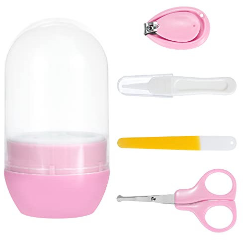 Juego de Cortaúñas Bebé Set de Manicura Set de Cuidado con Caja Fuerte Tijeras Pinzas Lima de Uñas Recién Nacido 4 Piezas Rosa