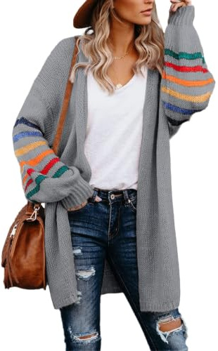 AlvaQ Women's Cardigans Long Sleeve Open Front Oversized Ladies Cardigan | Long Cardigans for Women UK,Womens Cardigan Kimono,Rainbow Striped Color Block Outwear,Knitting Jacket,Loose Fit Sweaters