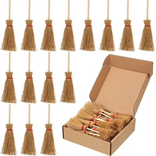 50 mini escobas de paja en miniatura, artificiales, decoración de manualidades, casa de muñecas, escoba de bruja con cuerdas rojas, accesorio de brujas para disfraz y fiesta de cosplay