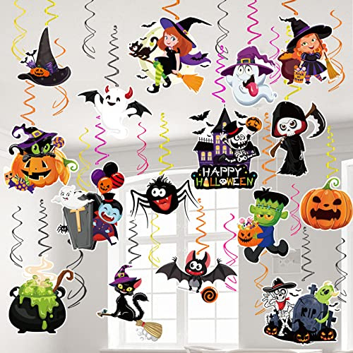 HOWAF Halloween Deko Spiralen Girlanden, 30Stk Halloween Hängende Wirbel Dekorationen Halloween Spinnen Fledermäuse Kürbis Geist Katze Hexe Skelett Luftschlangen Halloween Zubehör Halloween Party Deko