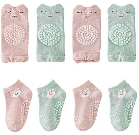 FedMois Baby Kleinkinder ABS rutschfeste Socken + Knieschoner für Krabbelbabys Baumwolle 8er Pack