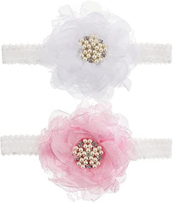 Nishine 2pack Neugeborene Elaktische Spitze Crwon Stirnband Kleinkind Mädchen Stoff Blume Perle Haarband für Baby Dusche Geburtstagsgeschenk(Weiß/Rosa)