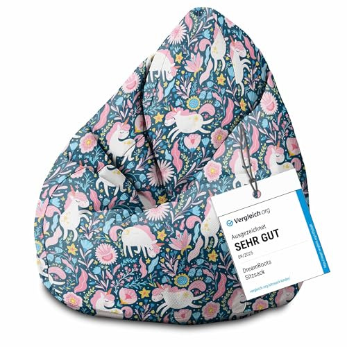 DreamRoots Sitzsack Kinder 70x70x105, Unicorn in the Flowers | Bean Bag Kinder mit Lehne, Hocker & Bezug, Sitzkissen Boden, Bubibag, mit Füllung, Kinderzimmer