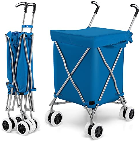 GYMAX Chariot de Courses Pliable, Caddie de Courses en Métal avec Sac 90L, Charge 55KG, Chariot à roulettes Portables pour Shopping/Supermarché/Camping