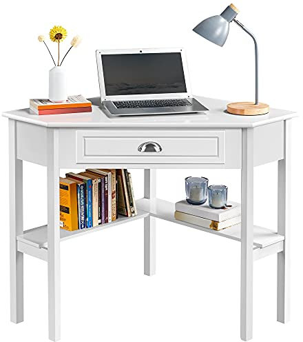Yaheetech Escritorio Esquina Grande Mesa Escritorio en L con Cajon Mesa de Estudio Moderno Tocador de Maquillaje para Dormitorio Oficina 106×71,5×76,5cm Blanco