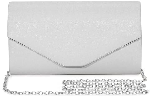 BAIGIO Pochette Kvinnor PU Kvällsväska Avtagbar Kedja Axelväska, Modeväska, Kedjeväska, Elegant Kuvertväska För Årsbal, Bröllop, A-silver, 22 x 5 x 13 cm