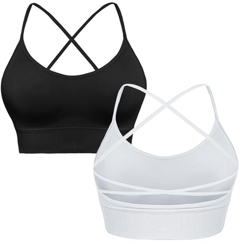 Sykooria Sport-BH dam, vadderad bustier, dambehå utan bygel, spagettiband, korsad rygg, design, push up bh, sportbh, topp för yoga, fitness, B-2 st (svart + vit), XL