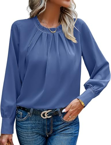 HANERDUN Camicia Donna Elegante Maglietta Donna Maniche Lunghe Camisa de Negocios Plisada con Cuello Redondo Blusa Casual Color Sólido