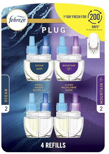 Febreze Plug In Air Freshener, Odor-Fighting Scented Oil Refill, Air Fresheners for Home and Bathroom and Kitchen, Long Lasting for Strong Odors, Ocean & Mountain Scents, 0.87oz Refills, 4 Count