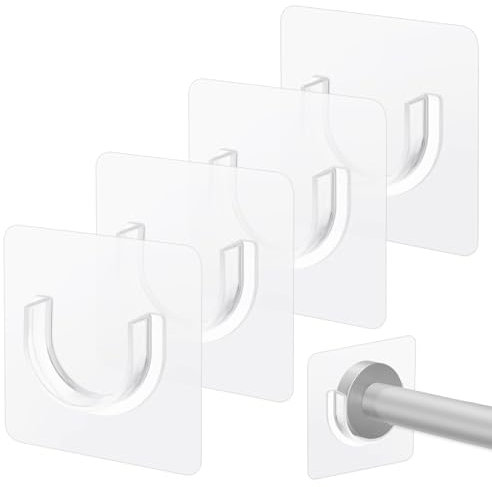 Qianyu 4 Pcs No Drill Shower Rod Brackets Plastic Self Adhesive Clear Curtain Rod Holders Hooks Nail Free Adjustable Curtain Hangers Transparent Wall Mount Holder for Shower Curtain Rod Invisible