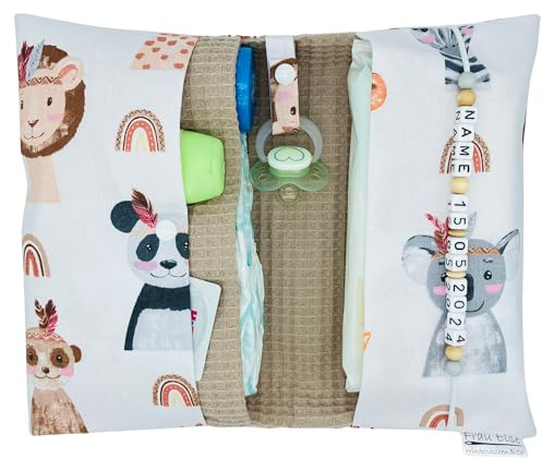 Große Windeltasche für unterwegs mit Namen personalisiert - für Mädchen und Jungen - Wickeltasche mit Waffelpique - Tierköpfe boho Indianer Panda Koala Löwe Erdmännchen Tiger Giraffe - weiß braun