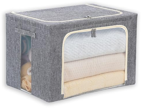 WUPYE Aufbewahrungsbox mit Deckel, faltbare Aufbewahrungsboxen mit Metallrahmen, 2 Fenster, 2 Reißverschlüsse, 2 Türen, Aufbewahrungstasche für Kleidung Kleiderschrank Schlafzimmer (grau) (66 Liter)