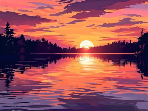Malen Nach Zahlen Erwachsene Sonnenuntergang See Malen Nach Zahlen Eigenes Bild, DIY Malen Nach Zahlen Kinder Ölgemälde Set für Anfänger mit 3-Pinseln und Acrylfarbe für Home Wand Dekor 60x80cm I-9485