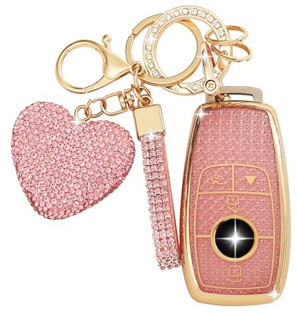 ZVRSUA Coque de Clé de Voiture pour Mercedes Benz Clés de Voiture avec Porte Clés Voiture Amour Strass Compatible avec Mercedes Benz 2019–2021 A-Klasse C-Klasse G-Klasse 2017–2020 E-Klasse