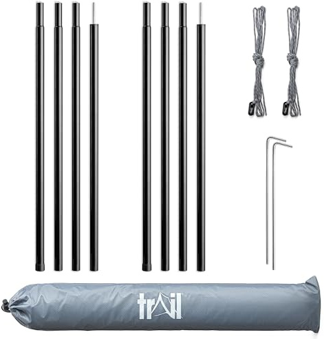 Trail Tent Tarp Poles Set of 2, Universal Height Adjustable King Poles with Pegs, Guy-Lines & Bag, Heavy Duty Tubular Steel, Camping Awning Canopy Porch Door Shelter Accessories, Max Height 180cm