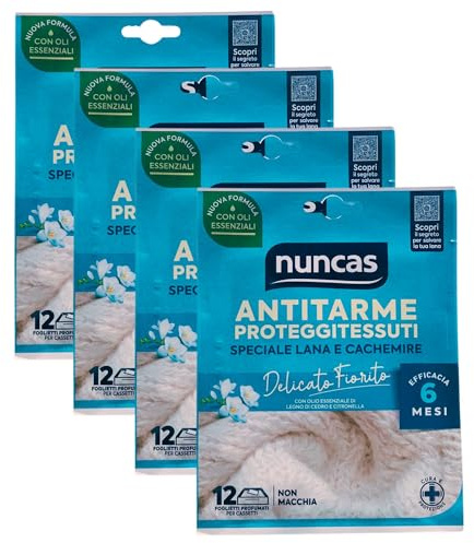 Foglietti Proteggi-Tessuti ANTITARME Per Cassetti, Speciale Lana e Cachemire. Profumo DELICATO FIORITO, Con Olio Essenziale Di Legno Di Cedro e Citronella. Confezione Da 12 Foglietti (4 Confezioni)