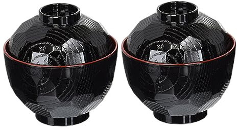 Dorccsi Lot de 2 bols à soupe miso traditionnels japonais - Bols à riz légers avec couvercle en plastique de qualité alimentaire - Bol à ramen noir et rouge pour servir le riz, les nouilles - Bols à