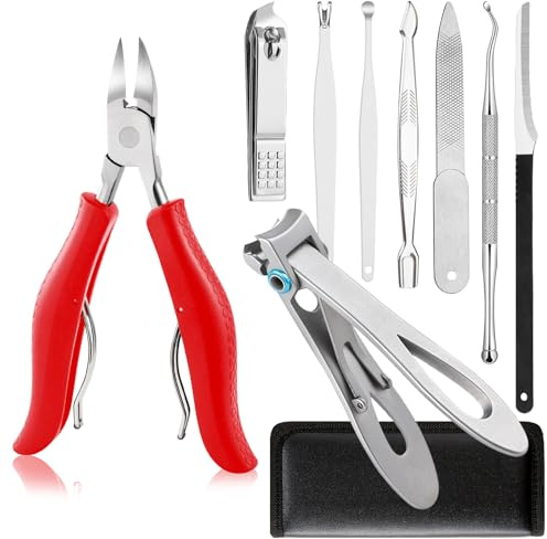 SOUTHMAN Toenail Clippers for Thick & Ingrown Nails Toenail Clippers Kits Stainless Steel Super Sharp Curved Blade Grooming Nail Tool for Man & Women 9Pcs Nail Clippers (Red)