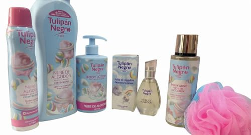 Tulipán Negro Set de Baño Nube de Algodón, Loción Corporal 400ml, Gel de Ducha, Desodorante en Spray, Esponja de Baño Rosa, Fragancia Gourmand