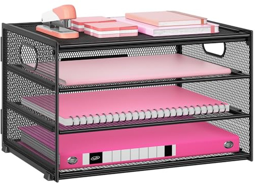 Lavatino 3-Tier Letter Tray Desk Organizer, Mesh Metal Paper File Tray Organizer for Desk, Office Supplies & Home Organization, Fits A4 Paper, Mail, Magazines & Office Accessories (Black with Handle)