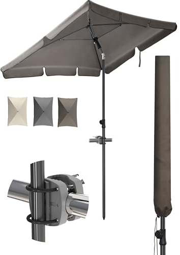 Menz Sonnenschirm Balkon 3-teiliges Komplettset, Taupe - UPF 50+ Sonnenschirm rechteckig 200 x 125 cm + Sonnenschirmhalter Balkongeländer + Sonnenschirmhülle, Sonnenschutz Balkon, Balkon-Schirm