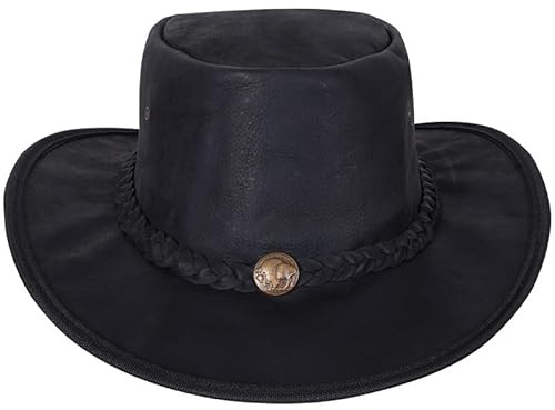 URBAN 5884 Äkta läder cowboyhatt, herr/dam äkta kohud västerländsk hatt, formbar brätte och justerbar hakrem, Svart, M