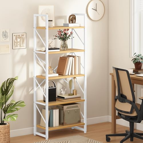 DWVO 5-stöckiges Bücherregal aus Holz und Metall, Aufbewahrungsorganizer, industrielles hohes Regal, Ausstellungsregal für Wohnzimmer, Küche, Schlafzimmer,Weiß und Eiche